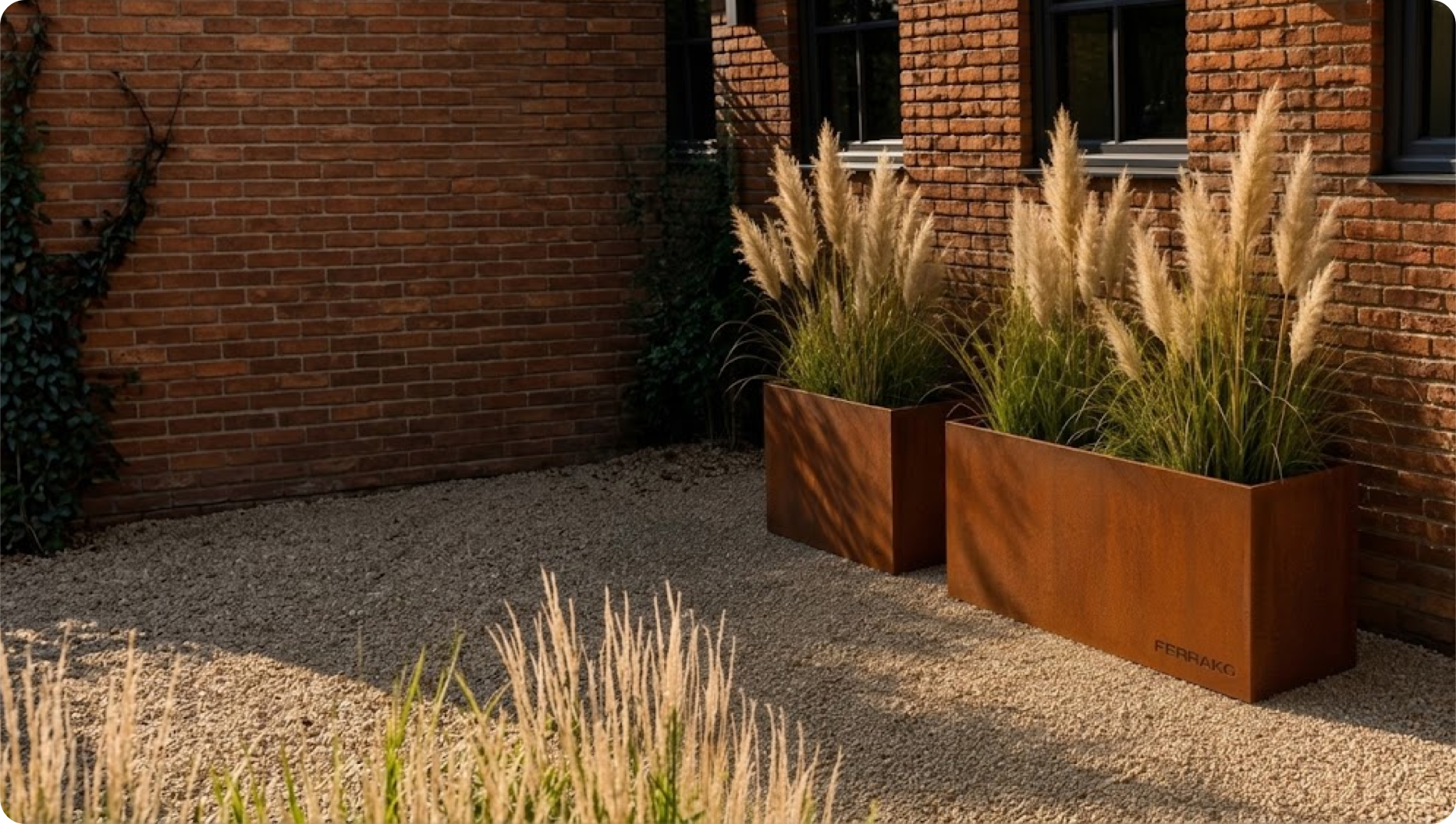 Cortenstaal plantenbakken met siergrassen tegen een bakstenen muur