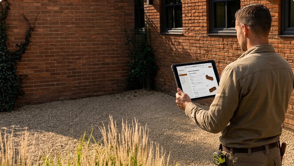 Hovenier bekijkt de configurator op een tablet in een tuin met cortenstaal